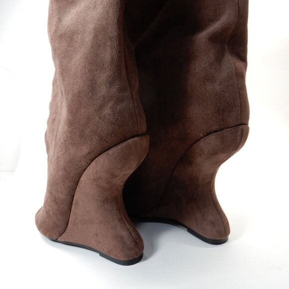 AZALEA WANG Vincent Knee High Open Toe Boots 6.5 Wedge Heel Brown Suede NEW - Picture 10 of 14
